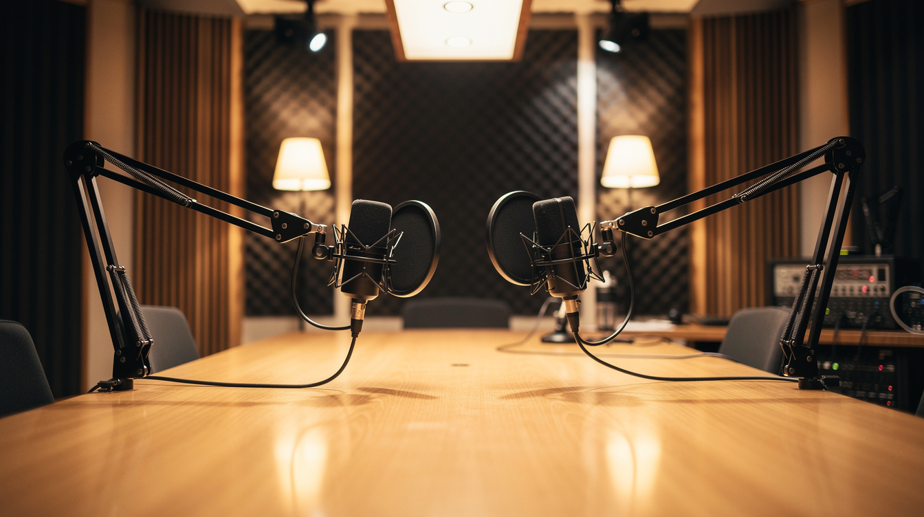 Journalist recording a podcast interview in a professional studio with microphones